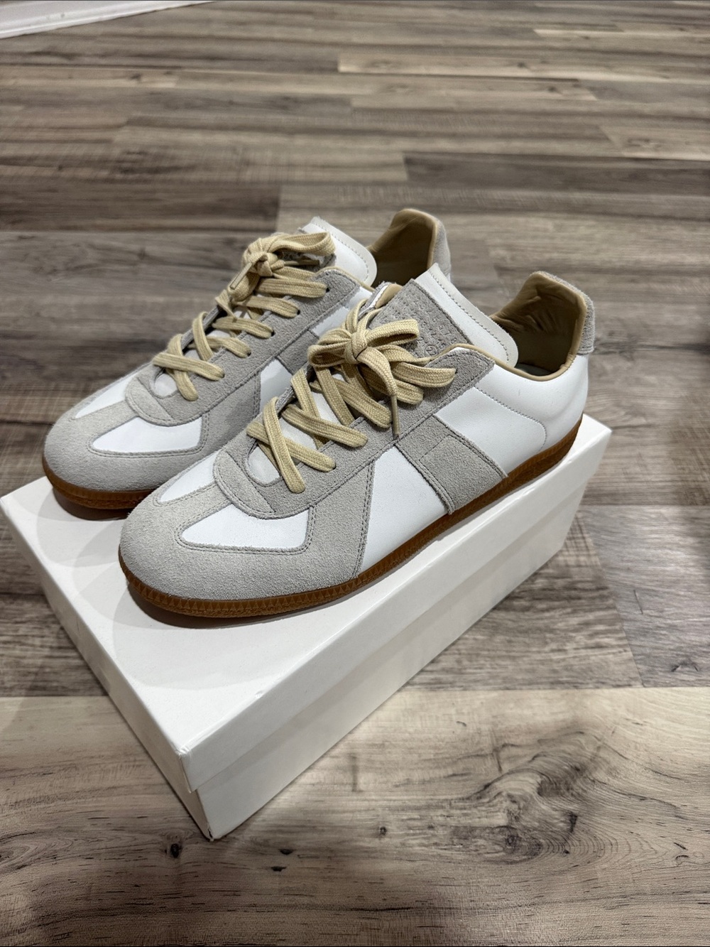 Maison Martin Margiela White and Light Gray Leather & Suede Sneakers